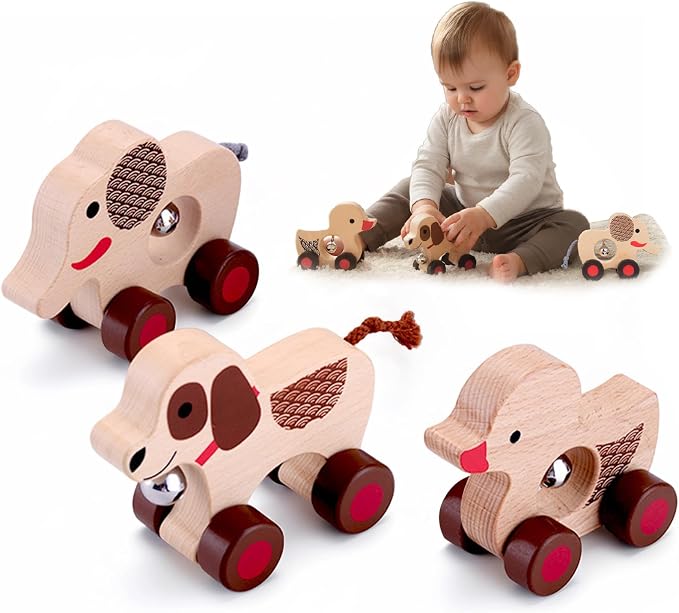 Wooden Animal Rattle with Bell - Baby Toys 6-12 Months & Toddler Toys 1-3 Years | Montessori Sensory Shakers, Nursery Decor Gift Set (Dog, Duck, Elephant)