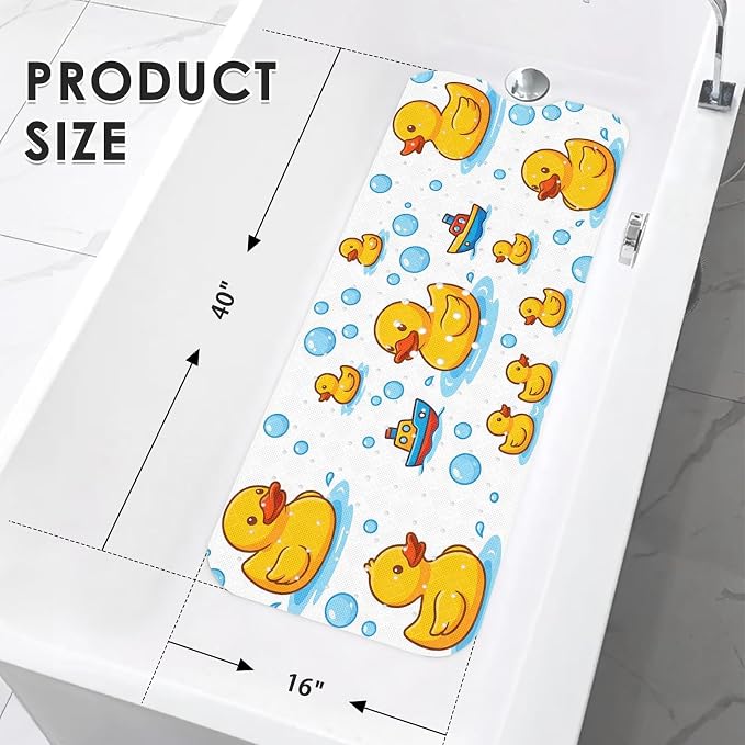 Rubber Duck Yellow Bathtub Shower Mat Nautical Cute Non-Slip Tub Extra Long Bath Floor 40X16 Inch Machine Washable for Bathroom Tub Bath Mat for Toddler and Baby