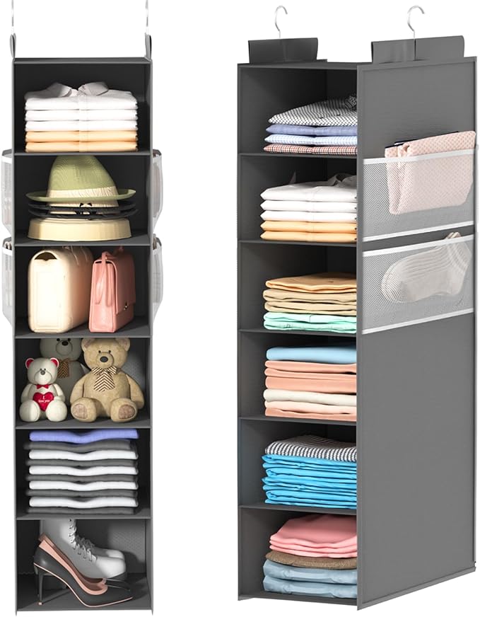 ALLTIDYUP Extra Deep Hanging Closet Organizer with 6 Shelves and Oversized Mesh Pockets, Heavy-Duty Structure, No Deformation, Max Storage for Clothes, Shoes, Hats, Dorms and RVs, Grey,1-Pack