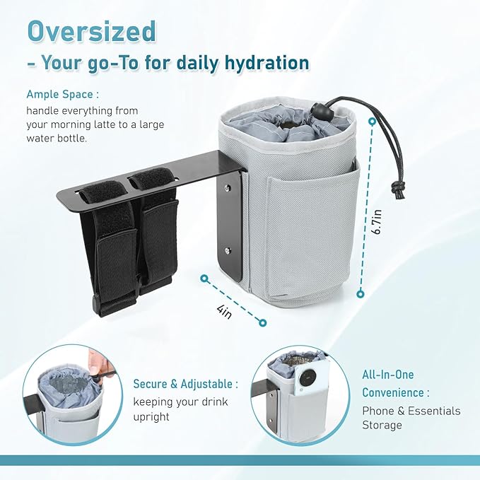 TYYIHUA Cup Holder and Phone Holder for Power Wheelchair, Compatible with Most Electric Wheelchairs, Secure & Convenient Drink Carrier, Grey