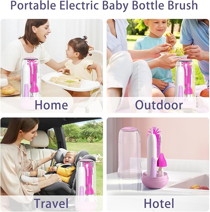 Electric Bottle Brush Cleaner, Portable Baby Bottle Washer, Travel Bottle Cleaner Brush Set with Silicone Bottle & Nipple & Straw Brush(Purple)