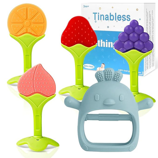 Baby Teething Toys(5 Pack) - Tinabless Infant Teething Keys&Silicone Teething Mitten for Babies Over 3 Months, BPA-Free, Natural Organic Freezer Safe for Infants and Toddlers(Blue)