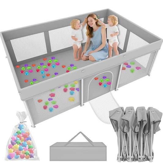 Foldable Large Baby Playpen 50"×71", Portable Playard for Babies & Toddlers, No Assembly, Safe Zipper Gate, Soft Mesh Sides, Ideal for Indoor & Outdoor Use, Includes 100 Ocean Balls, Grey