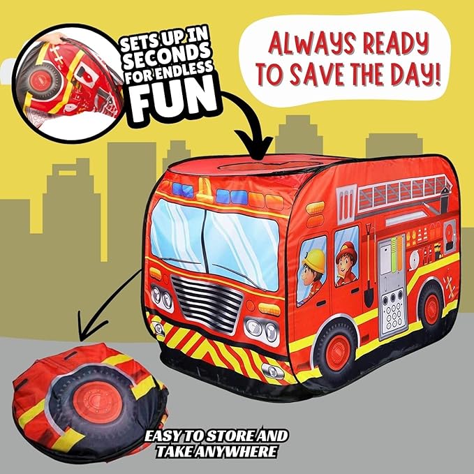 Pop Up Play Tent for Kids - My First Foldable Indoor & Outdoor Playhouse Vehicle Toys for Toddlers, Boys and Girls (Fire Truck)