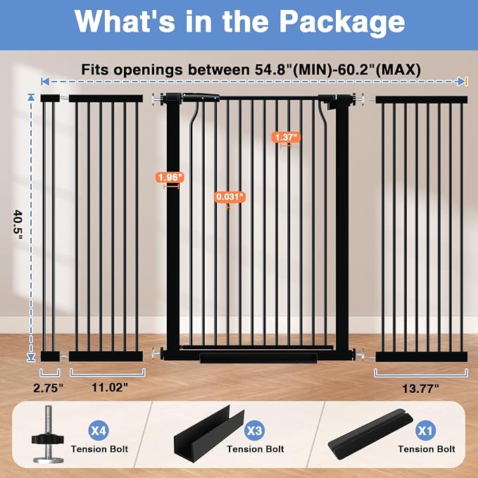 40.5" Extra Tall Baby Gate No Drill, 54.7"-60.2" Extra Wide Dog Pet Gate Indoor Outdoor, Safety Child Toddler Gate, Metal Tension Auto Close No Climb Fence Pet Cat Gate for Stairs, Black