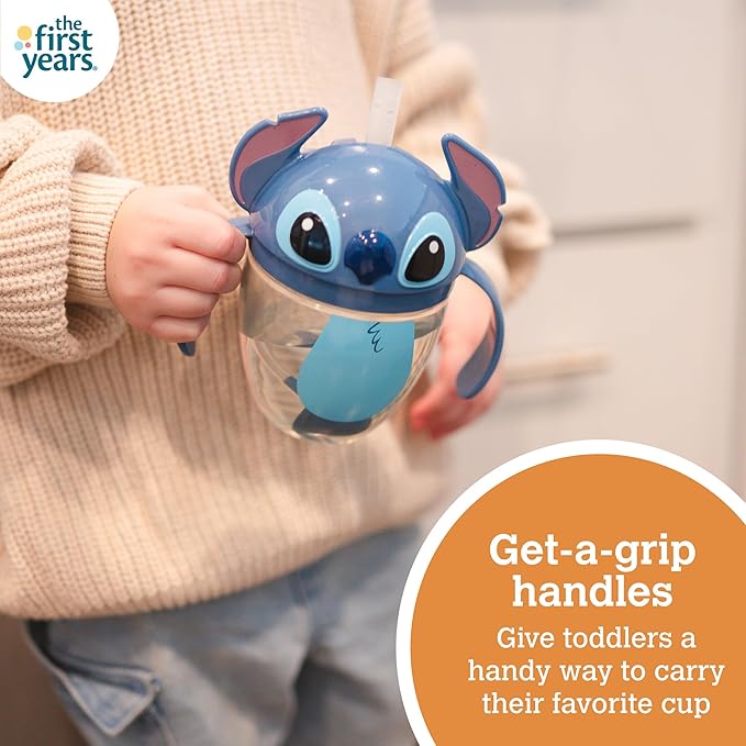 The First Years Disney Lilo & Stitch Weighted Straw Cup - Spill Proof Toddler Straw Cups with Flip Top Cover - Transition Sippy Cup - Toddler Feeding Supplies - 7 Oz - Ages 6 Months and Up