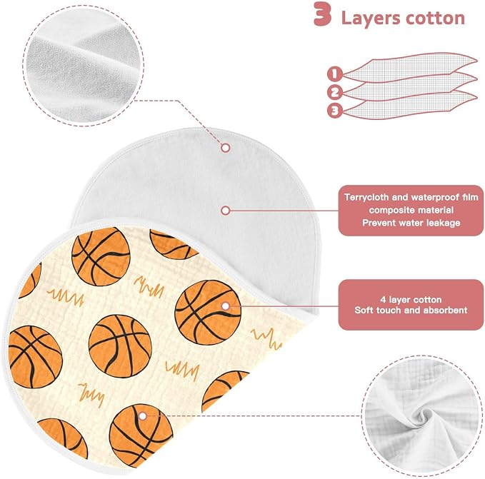 Muslin Burp Cloths for Baby Boys and Girls - 4-Pack Ultra Absorbent Basketball Muslin Washcloths, Newborn Towel, Milk Spit Up Rags, Burp Cloth Bib for Unisex, 22 x 11 Inch