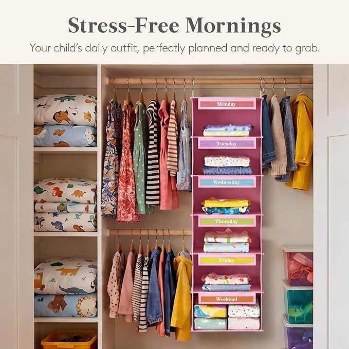 Lifewit 6 Shelf Weekly Clothes 0rganizer for Kids, Baby Hanging Closet Storage with Color Labels for School Outfits, Todder Daily Clothing Divider with Days of The Week Monday to Friday Weekend, Pink