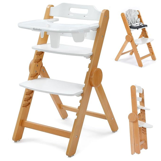 Ezebaby Foldable Wooden High Chair, No-Tools Adjustable Baby High Chair for Toddlers to Adult, Space-Saving Space Highchairs with Double Tray & Washable Cushion (Modern White)
