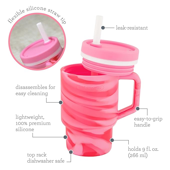 Infantino My 1st Tumbler, 9 Oz. Silicone Sippy Cup with Straw & Handle, Spill-Resistant Baby Cup for On-the-Go, BPA-Free Transition Bottle, Swirl Strawberry