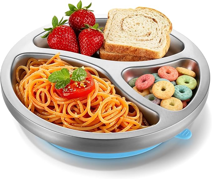 Stainless Steel Toddlers Plate with Silicone Suction, 8" Divided Plate, BPA-Free, Dishwasher Safe, Unbreakable, Non-Toxic, for Baby Led Weaning Supplies(Blue)