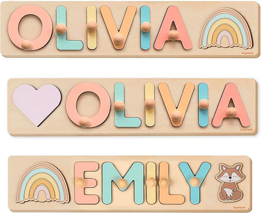 Personalized Name Puzzle Montessori Toys Nursery Decor Customized Puzzle Educational Toy for a 1 Year Old Gifts Kids Name Sign for Nursery Easter Present for Baby (Pastel Rainbow)