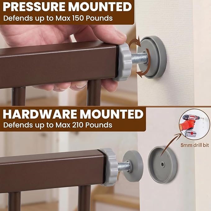 Mumeasy 36" Extra Tall Dog Gate, Auto Close Baby Gate for Stairs Doorways, 29.7-46" Wide Walk Thru Child Safety Gate for House, Easy Install Pressure Mounted Metal Pet Gate with Door, Brown