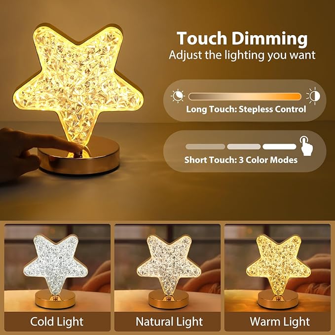 Lewondr Star Table Lamp, Stepless Dimmable Touch Lamp with 3 Colors, Rechargeable Night Light with USB Port, Crystal Star Light Bedside Lamp for Nightstand Desk Bedroom Living Room Home Decor