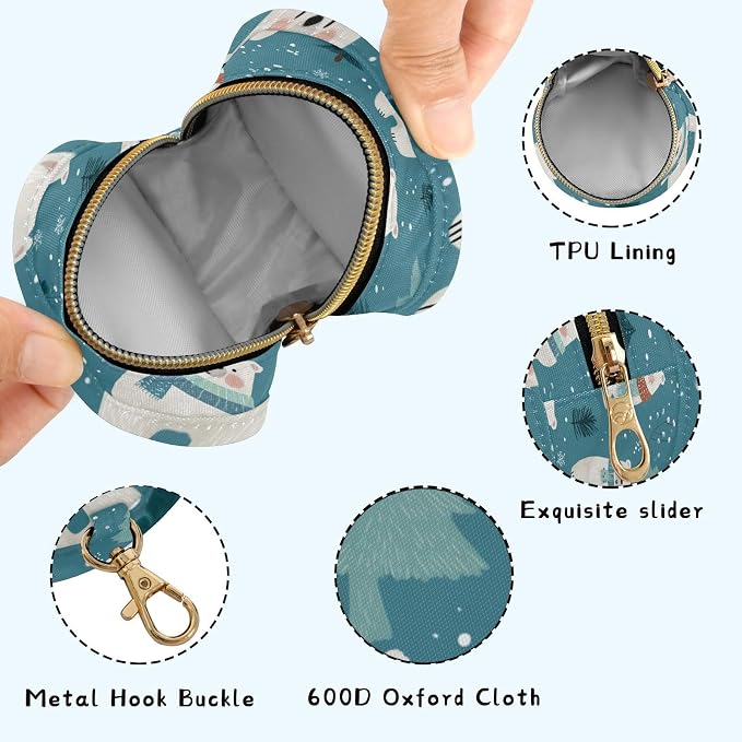 Pacifier Holder with Clip Pacifier Case for Diaper Bag Round Baby Pacifier Pouch Box Bag Portable Winter Blue Bears Trees Snowflake