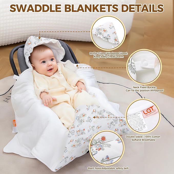 LAT LEE AND TOWN Winter Baby Car Seat Blanket for Newborn,35"x35"Universal Baby Wrap Blanket with Ruffle Hood,Winter Thickening Double Sided Cotton for Infants,Blankets for Stroller(Rabbit Fruits)