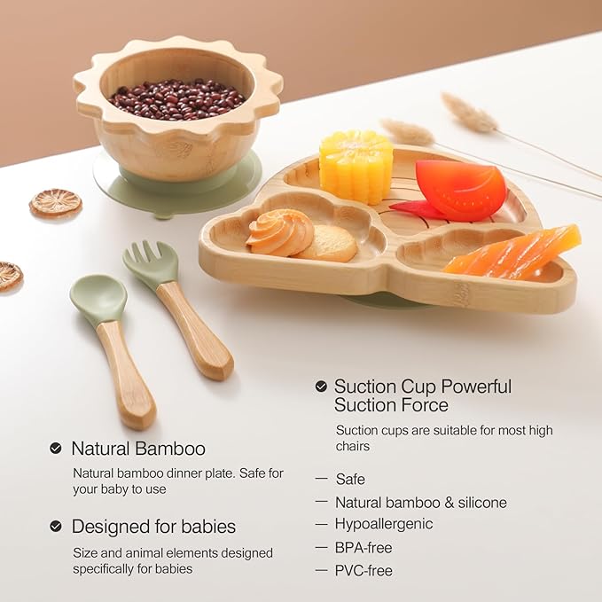 let's make Bamboo Suction Plates Bowls Set for Baby Toddler Divided Platter Food bowl with Silicone Fork & Spoon All-Natural Baby Feeding Set for Baby-Led Weaning, Non-Slip Design