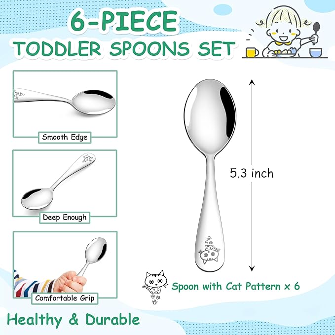 E-far Toddler Spoons, 6-Piece Stainless Steel Little Kid Spoons Set, Metal Small Utensils for Self-Feeding, Children Safe & Rounded Edges, Non-toxic & Dishwasher Safe