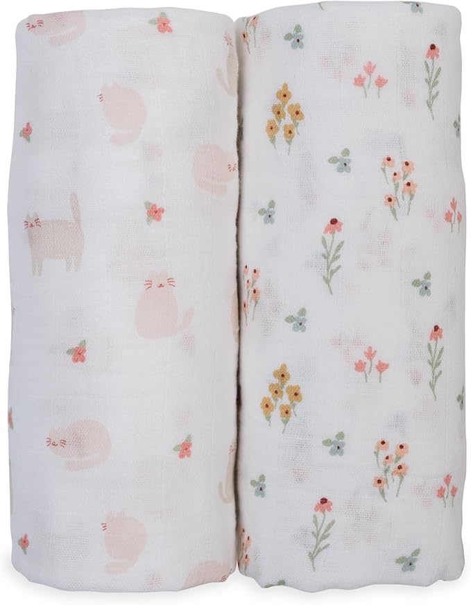 Lulujo Baby Swaddle Blankets | Unisex Softest Breathable Cotton Muslin Swaddle Blanket Set | Neutral Receiving Blanket for Girls & Boys | 40in x 40in | Kitty Cat & Flowers | 2-Count