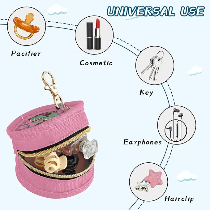 Pacifier Holder with Clip Pacifier Case for Diaper Bag Round Baby Pacifier Pouch Box Bag Portable Cool Dinosaur Guitar Cactus