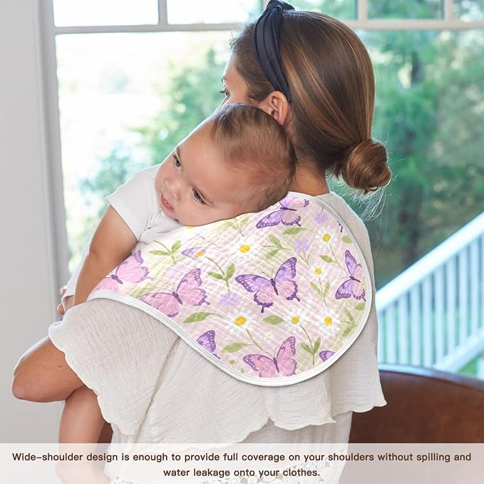 Purple Butterflies Muslin Baby Burp Cloths - Super Absorbent and Soft Burping Rags - Cotton Burp Clothes Set for Boys and Girls, 2 Pack