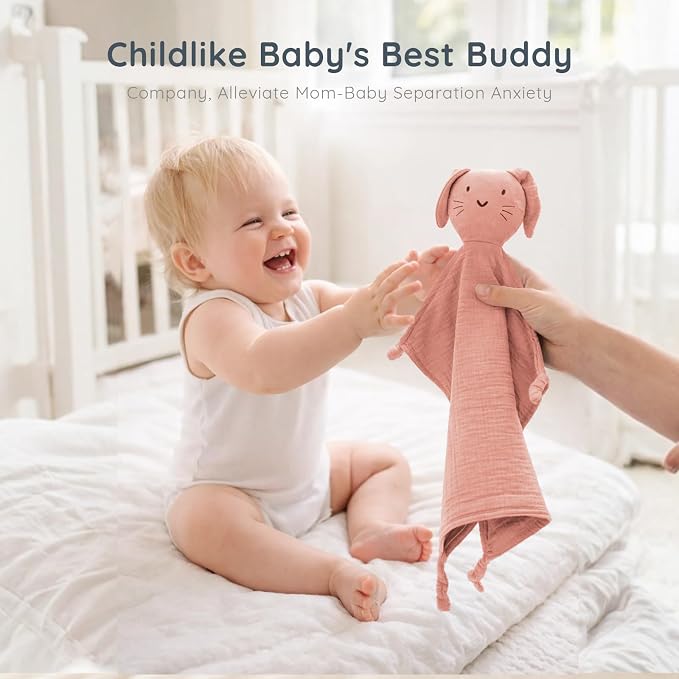 Organic Cotton Muslin Bunny Lovey Blanket, Soft & Breathable Security Blanket for Newborns, Unique Baby Gifts for Boys and Girls (Bunny-Pink)