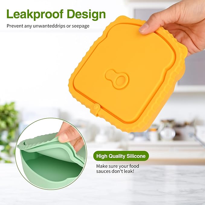 2 Pack Silicone Sandwich Container with Leakproof Lids, 15oz Reusable Lunch Box, BPA-Free Silicone Snack Box, Reusable Toast Container for Sandwiches, Snacks, Office, Travel (Pink+Yellow)