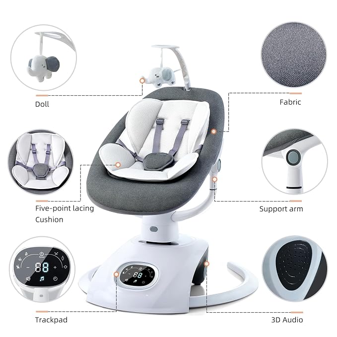 VaVaSoo Baby Swing for Infants Mamroo Electric Automatic Multi Motion Newborn for Girl & Boy with Remote Control, 5 Speed, 13 Melodies, Light Gray (Gary)