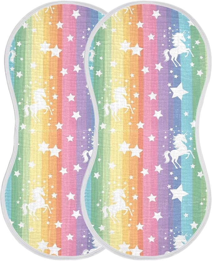 2 Pack Muslin Burp Cloths Unicorns Rainbow Print Cotton Baby Burp Cloths Ultra Absorbent Burping Cloth Soft Spit Up Rags for Newborn Must Haves, Large 22" x 11"