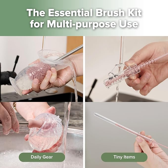 Haakaa Silicone Cleaning Brush Kit - Baby Bottle Brush Cleaner for Breast Pump,Nipple,Breast Milk Storage Bag,Reusable Straw,Sippy Cup - Food Grade Silicone Bristles, Portable - 3 Pcs - Pink