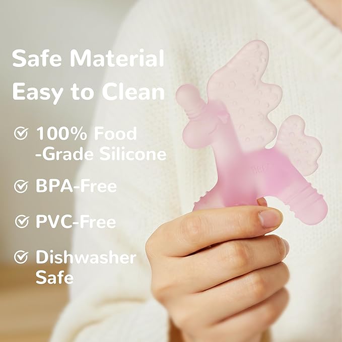 HECCEI Baby Teether Toy, Soft Food?‘Grade Silicone Teether, Soft Infant Teether Chew Toy, BPA Free, Multi-Texture Design Teether (Blush Glow)