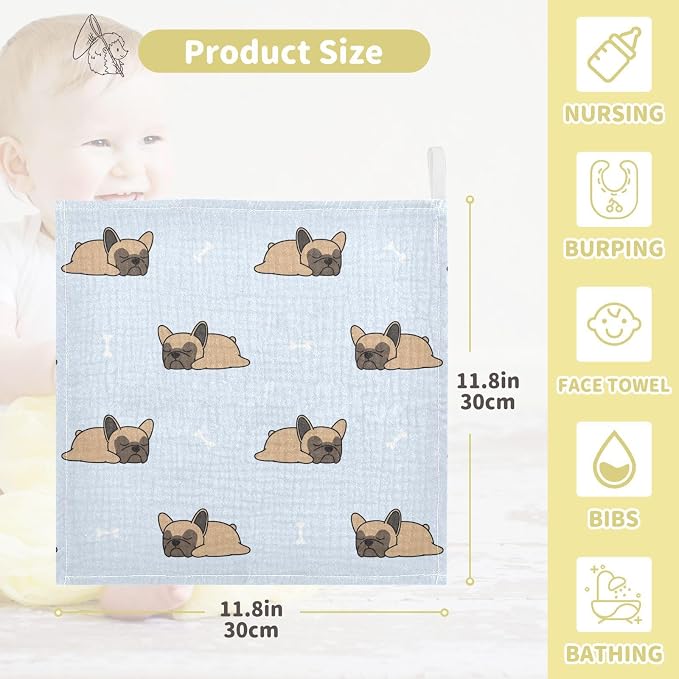 vvfelixl Baby Muslin Washcloths Cute French Bulldog Sleeping Baby Burp Cloths Cotton Baby Face Towel for Newborn Infants Boys Girls Soft and Absorbent 11.8 X 11.8 in, 3 Pack