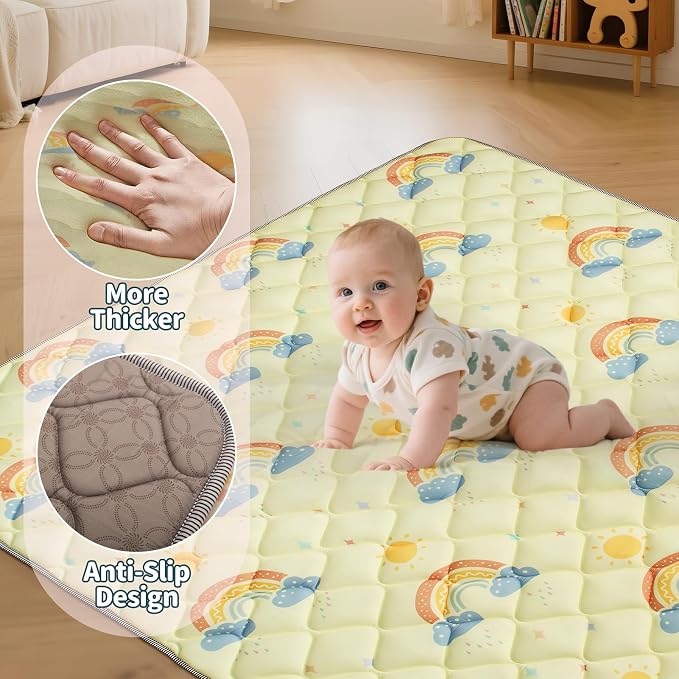 47"x47" Baby Playpen Mat - Thicken & Foldable Memory Foam Cushioned Playmat for Babies Toddlers Infants - Non-Slip & Machine Washable Baby Play Mat for Floor, Rainbow