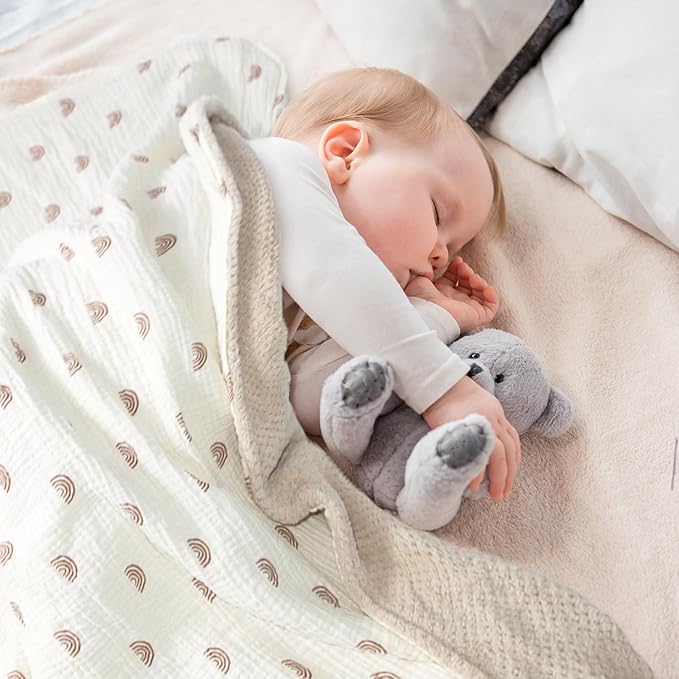 Soft & Breathable Baby Organic Cotton Muslin Blanket with Warm Flannel Lining, Unisex Crib Blanket for Toddlers, Large 43x43 Inches (Rainbow)