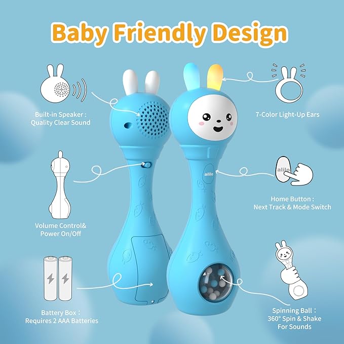 alilo Baby Musical Rattle 0-6-12 Months, Interactive Baby Toys with 7 Music Modes, 15 Nursery Rhymes, 15 Soothing Melodies & White Noise, Sensory Development Toy, Baby Gifts for Boys & Girls