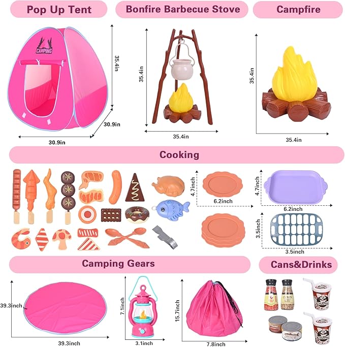 Camping Set Toys with Pop up Tent Pretend Play Indoor Outdoor Camping Playset,Christmas Birthday Gifts for Toddlers Kids Girls 3-5 Years Old