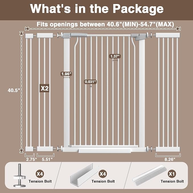 41" Extra Tall Cat Gate for Doorway, 40.6-54.7 Metal Pet Baby Safe Gate, Extra Wide Pressure Mounted Child Door with Expansion Kit, No Drilling No Climb Cat Fence Indoor, Tall Dog Gate, White