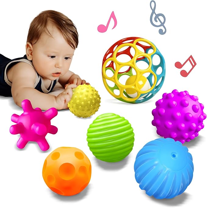 Sensory Balls for Toddlers 1-3, Sensory Baby Toys 6-12 Months, Infant Squeeze Sensory Toys,Baby Rattle Ball, Baby Teething Sensory Montessori Toys Soft Chew Toy with Rattles for Babies