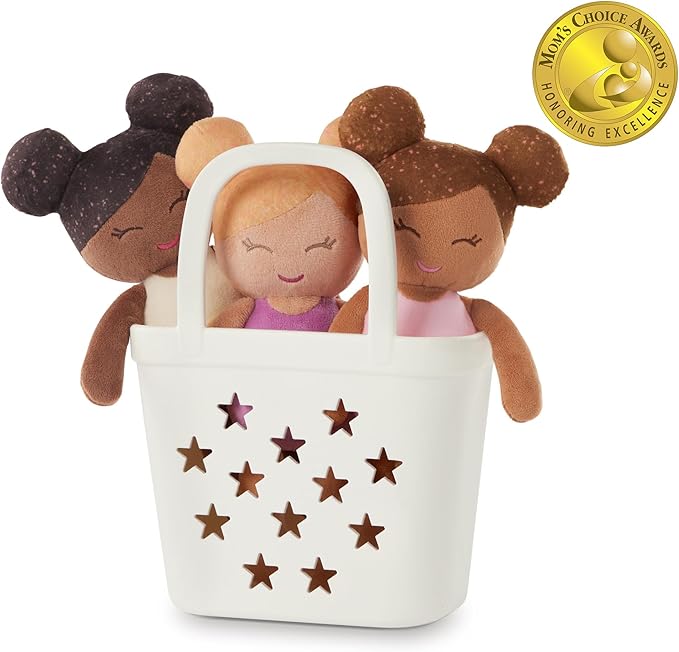 LullaBaby ??3 Pieces Set of Soft Plush Dolls for Real Water Play ??Carrying Basket with Cute Star Cutouts ??Pretend Play ??Tub Toys for Kids 2+ Years??Bath Yoy Bundle