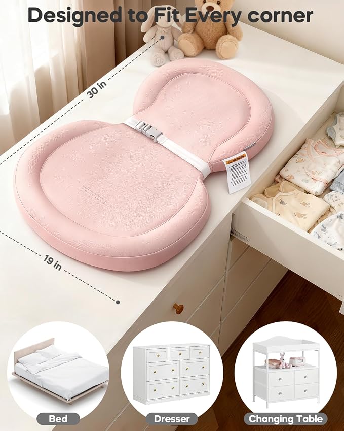 Baby Changing Pad, Waterproof Wipe-Clean Non-Slip Foldable PU Surface with Adjustable Safety Belt, Compatible with Dresser & Changing Table, 30"X18", Pink