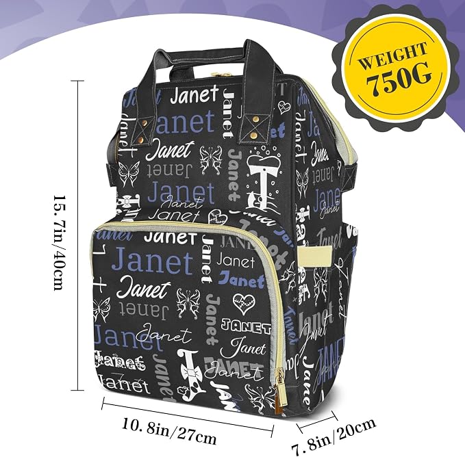 Custom Diaper Bag with Name Personalized Multifunctional Mommy Backpack for Daughter Granddaughter, Black Daypack Bag for Travel
