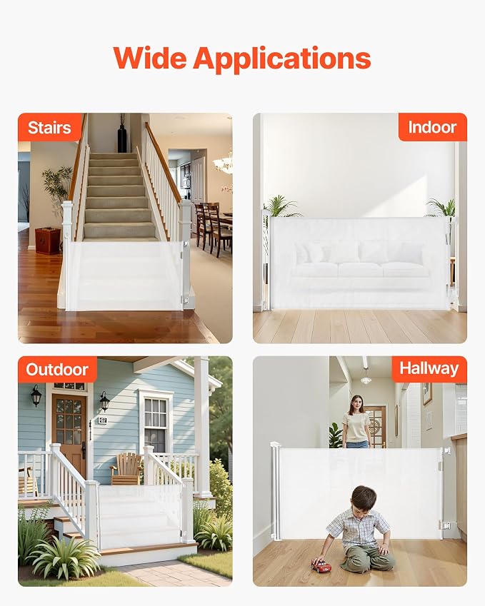 VEVOR Retractable Baby Gate, Extends to 72.8 inch Wide, 31.3 inch Tall, with Security Lock, Easy to Use, Walk Through Without Tripping, Mesh Dog Gate for Stairs, Hallways, Indoor/Outdoor, White