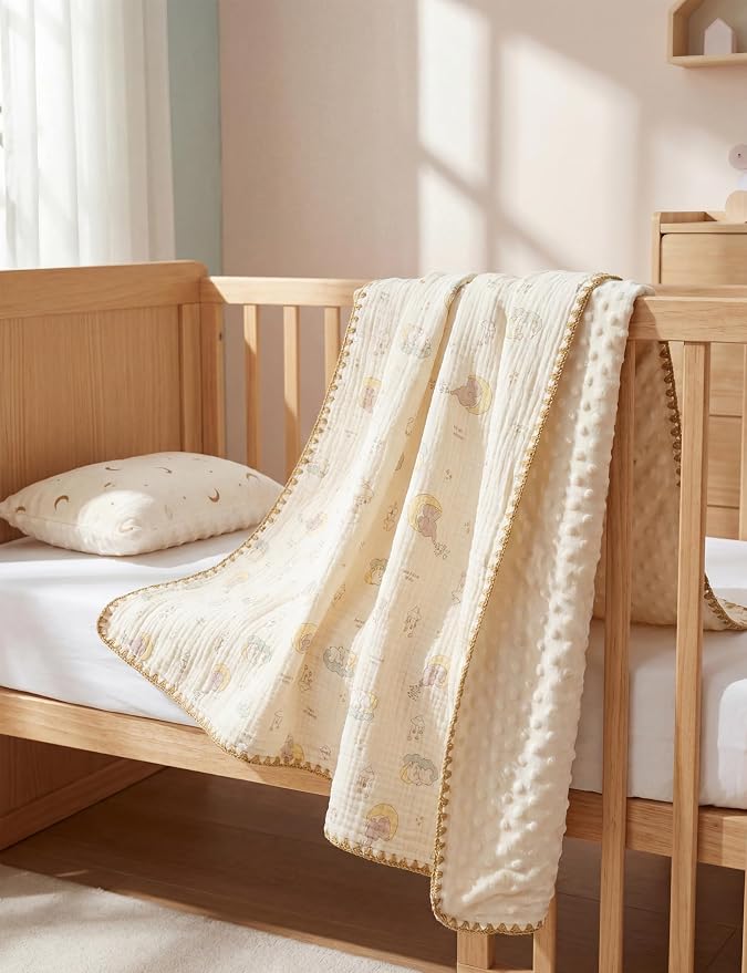 Baby Blanket 40x40 Inches,Muslin Cotton and Minky Dotted Double Layer Soft Receiving Blanket for Newborn Toddler,Lunar Elephant