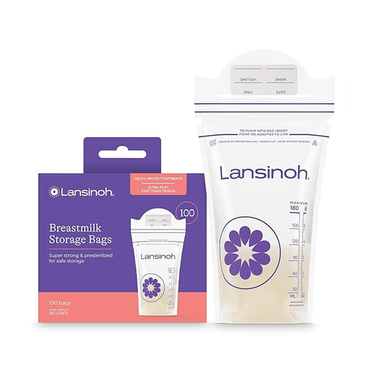 Lansinoh Breastmilk Storage Bags, 100 Count, Baby Essentials, Fast Freeze & Thaw Breast Milk Bags for Baby Bottle Feeding, Strength & Stretch, 6 Ounce