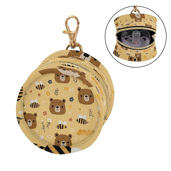 Pacifier Holder with Clip Pacifier Case for Diaper Bag Round Baby Pacifier Pouch Box Bag Portable Cute Brown Bear Bees Yellow