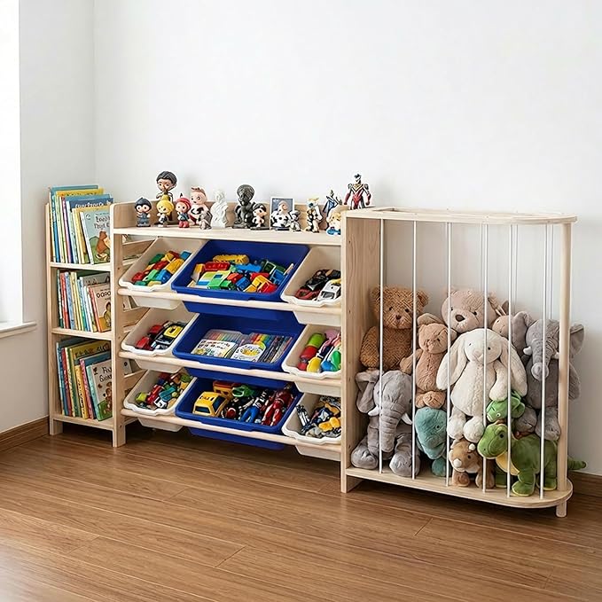 Amdermi Kids Toy Storage Organizer with 9 Plastic Bins, 3-Tier Wooden Shelving Unit for Playroom & Bedroom, Nursery Bookshelf and Stuffed Animal Zoo Storage, Natural Wood Finish （Blue）