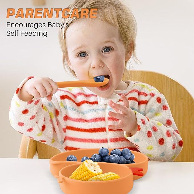 Baby Suction Plate, Silicone Toddler Plate for Kids Baby Weaning Plate Strong Suction Divided Dish with Fork Spoon, BPA Free (Orange) (Orange)