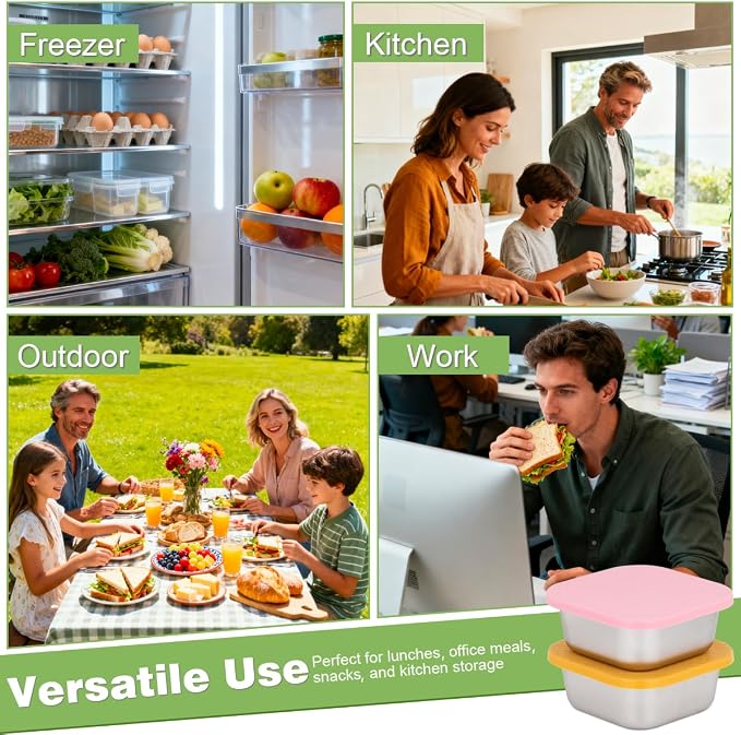 2 Pack Sandwich Containers: 30oz Stainless Steel Lunch Box with Silicone Lids, Meal Prep Container Reusable Metal Sandwiches Food Storage for Kitchen & Office Salad Snacks Fruits (Pink/Yellow)
