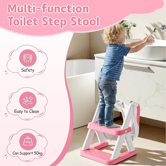 Potty Training Toilet Seat with Steps, 2-in-1 Toddler Toilet Seat for Boys Girls with Splash Guard Soft Anti-Slip Pad,Bright Pink