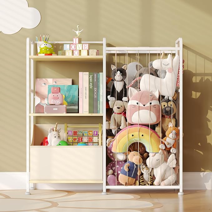 BBLIKE Kids Bookshelf and Toy Storage Organizer, Stuffed Animal Storage Holder with Fabric Toy Chest, 2-Tier Toddler Book Shelf for Kids Room, Playroom, Nursery, Beige
